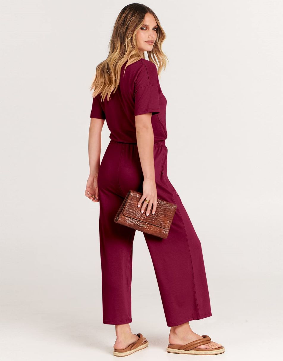 ANRABESS Kurzarm V-Ausschnitt Elastische Taille Weites Bein Cropped Hosen Jumpsuits Strampler