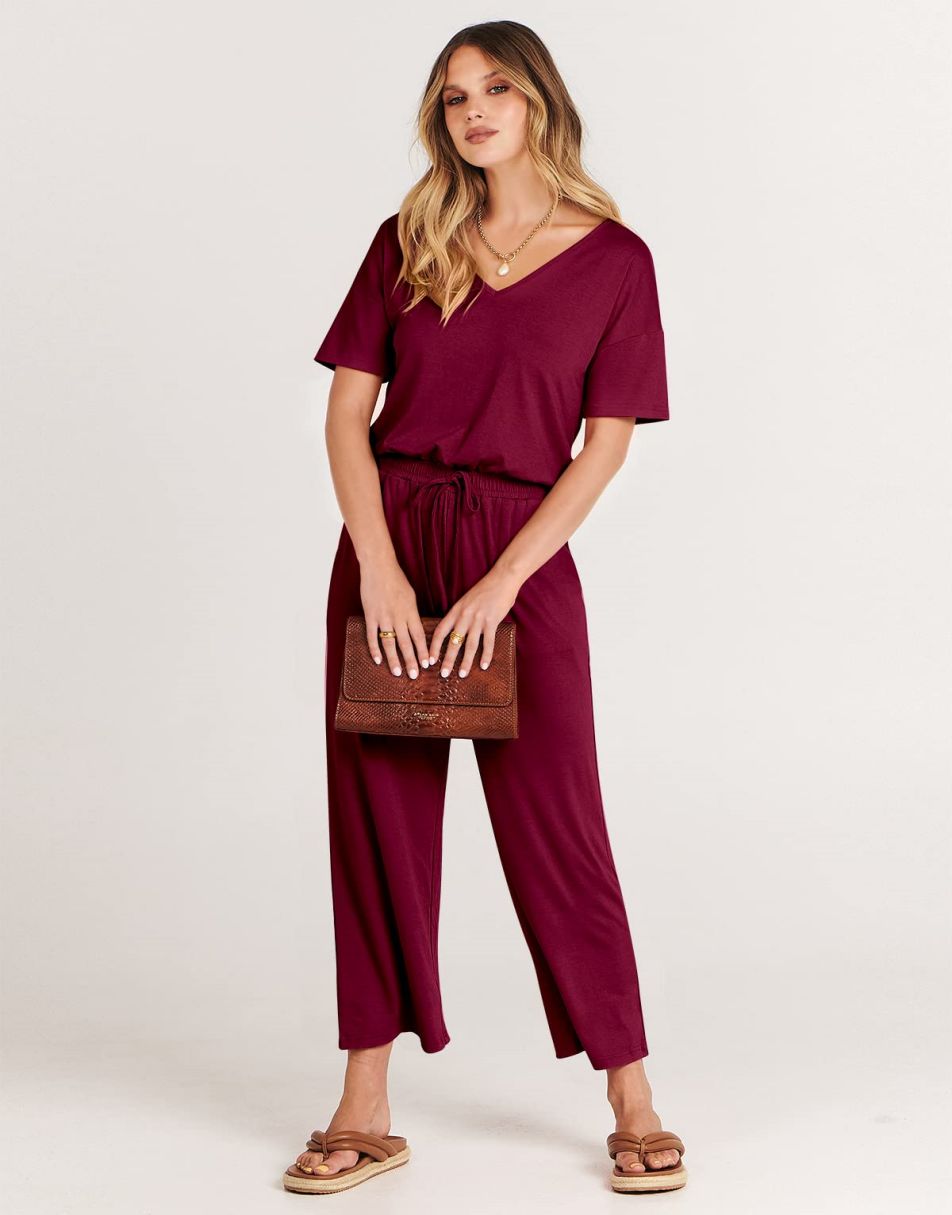 ANRABESS Kurzarm V-Ausschnitt Elastische Taille Weites Bein Cropped Hosen Jumpsuits Strampler