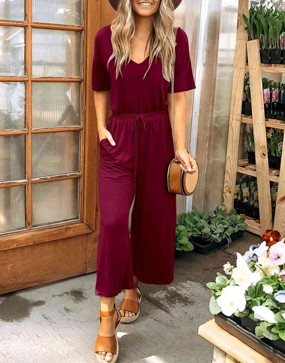 ANRABESS Kurzarm V-Ausschnitt Elastische Taille Weites Bein Cropped Hosen Jumpsuits Strampler