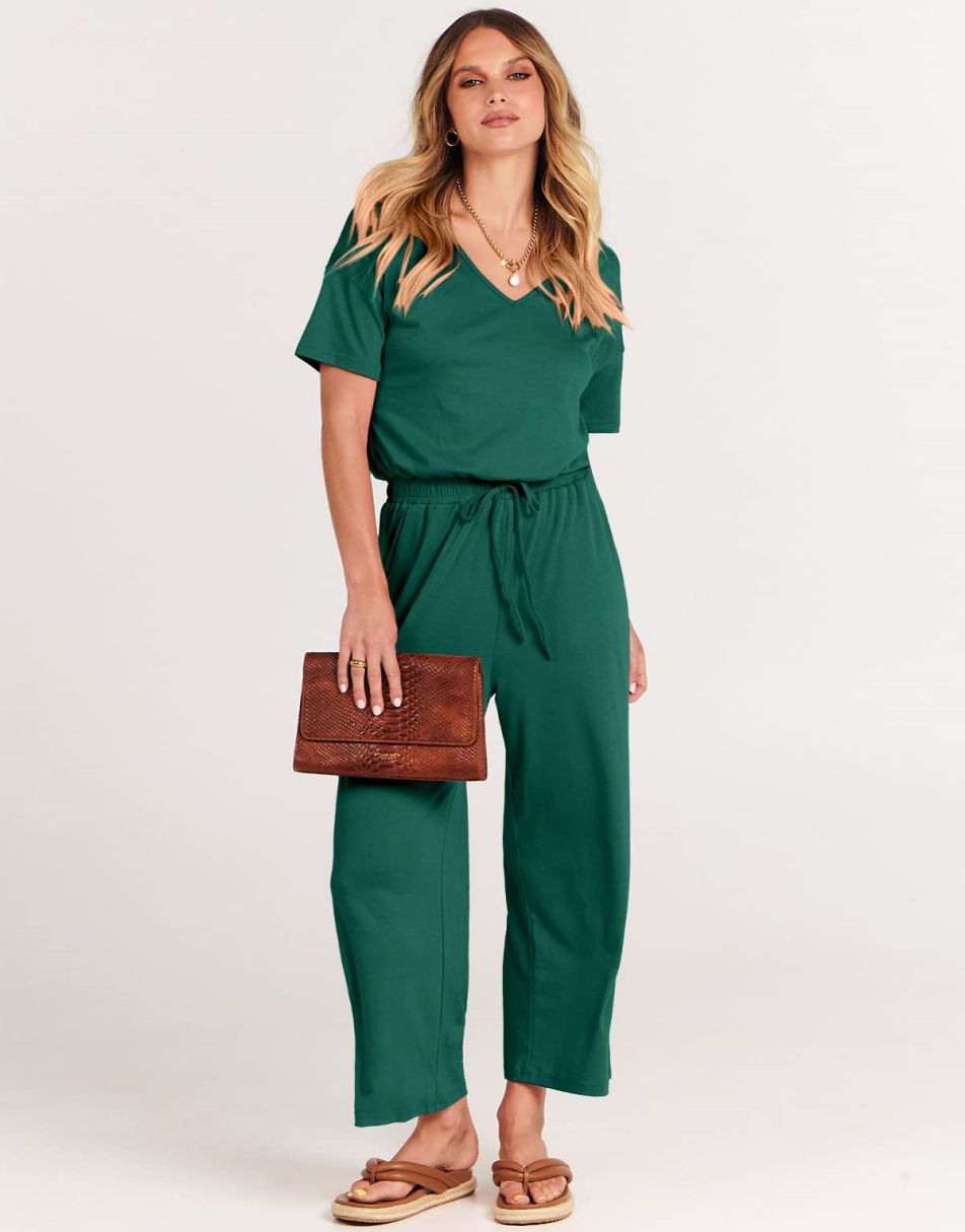 ANRABESS Kurzarm V-Ausschnitt Elastische Taille Weites Bein Cropped Hosen Jumpsuits Strampler