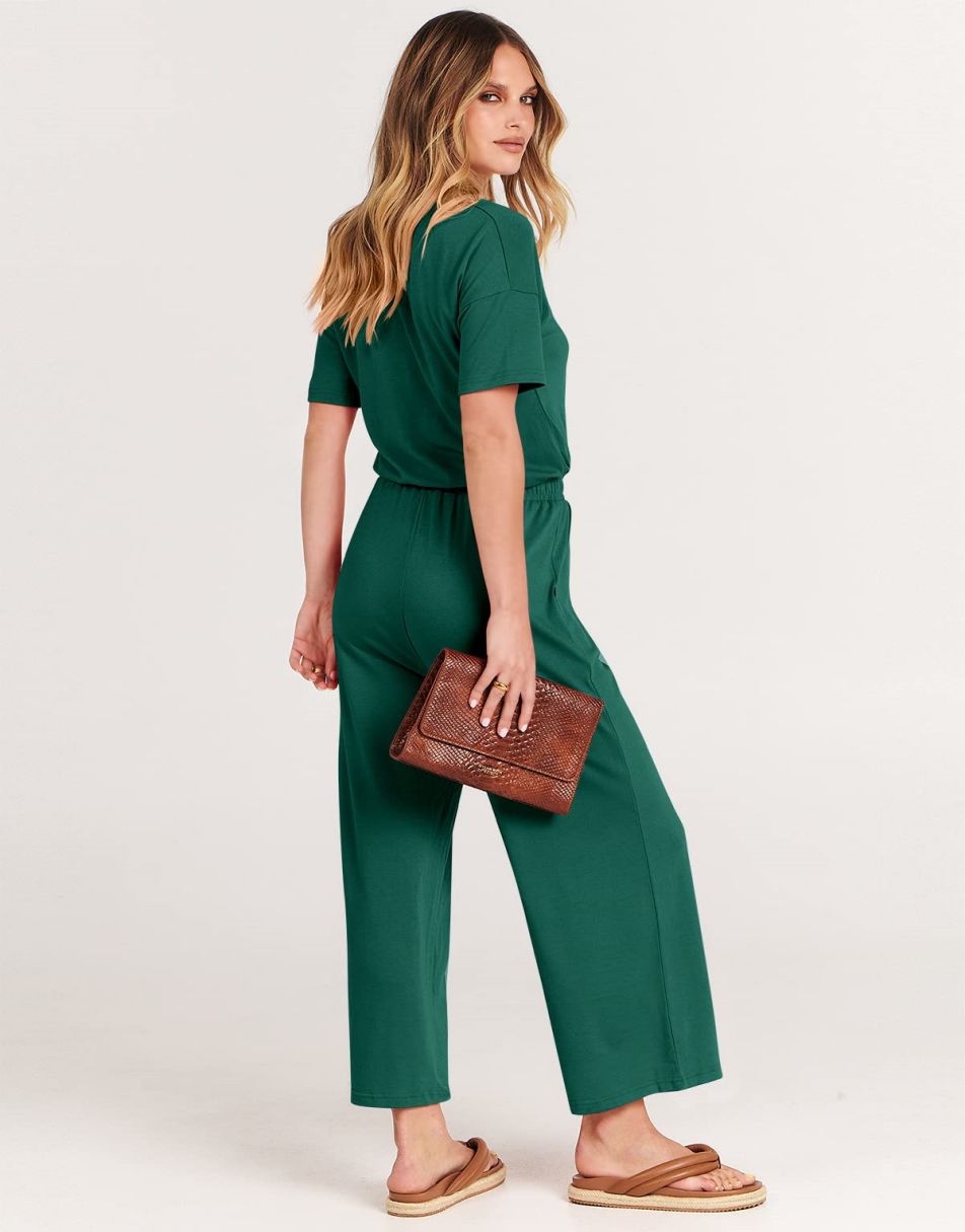 ANRABESS Kurzarm V-Ausschnitt Elastische Taille Weites Bein Cropped Hosen Jumpsuits Strampler