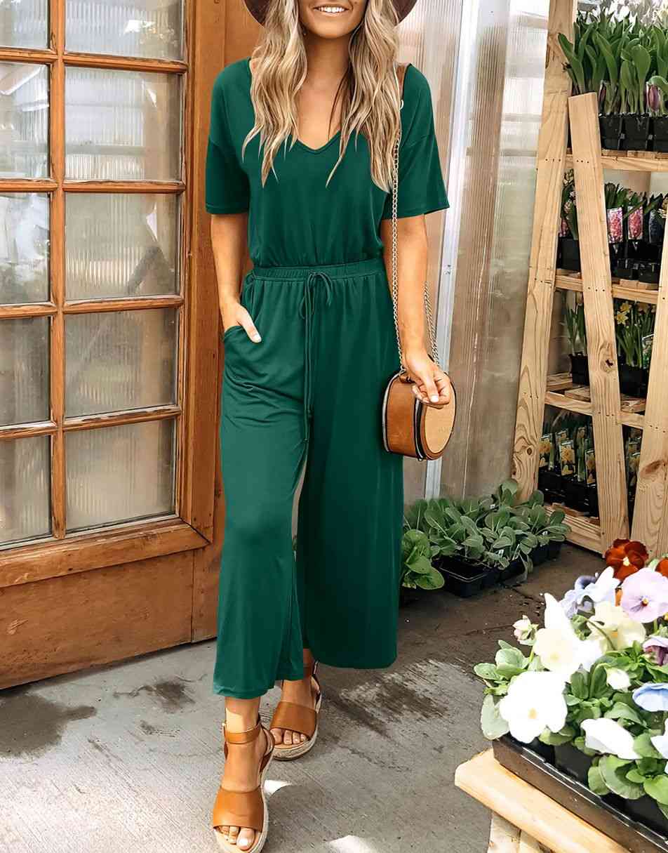ANRABESS Kurzarm V-Ausschnitt Elastische Taille Weites Bein Cropped Hosen Jumpsuits Strampler