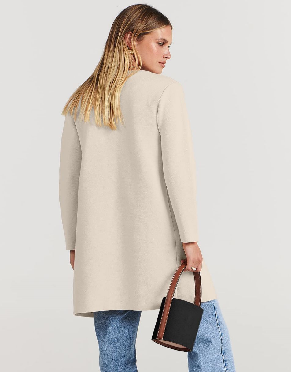 ANRABESS Damen Strickjacke mit offenem Vorderteil, Langarm, Revers, lässig, einfarbig, edel, Pullover-Jacke