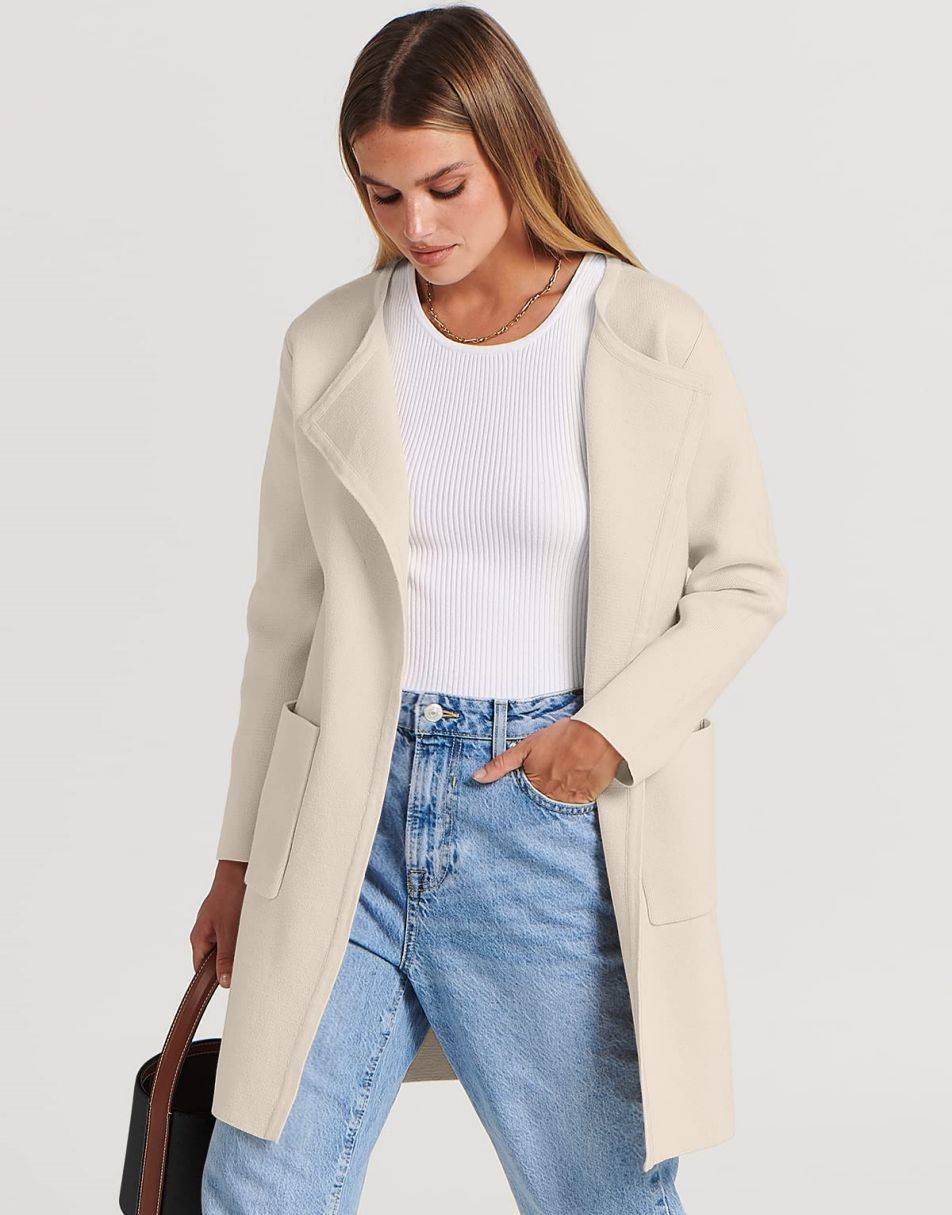 ANRABESS Damen Strickjacke mit offenem Vorderteil, Langarm, Revers, lässig, einfarbig, edel, Pullover-Jacke