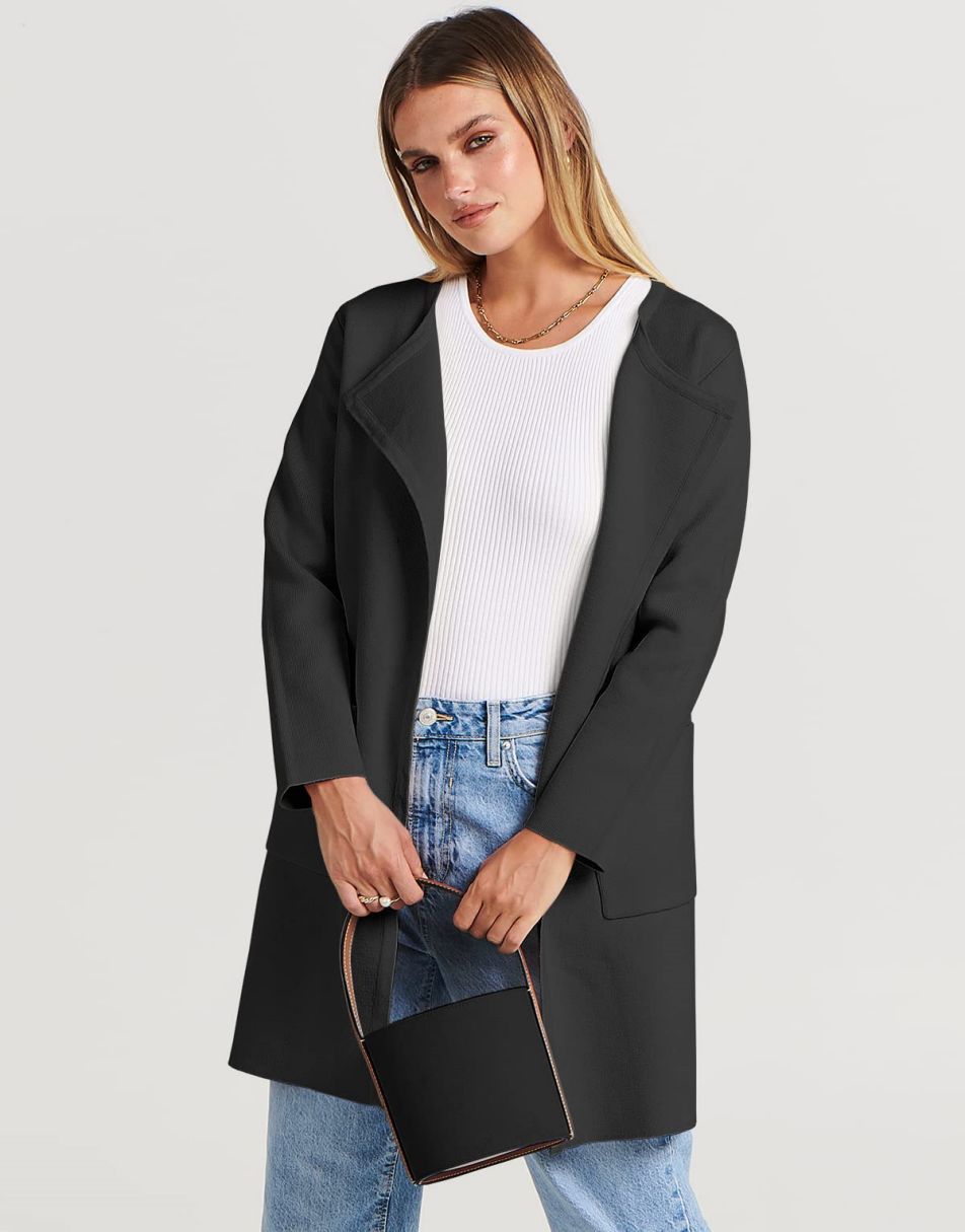 ANRABESS Damen Strickjacke mit offenem Vorderteil, Langarm, Revers, lässig, einfarbig, edel, Pullover-Jacke