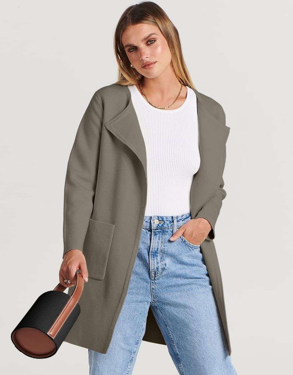 ANRABESS Damen Strickjacke mit offenem Vorderteil, Langarm, Revers, lässig, einfarbig, edel, Pullover-Jacke