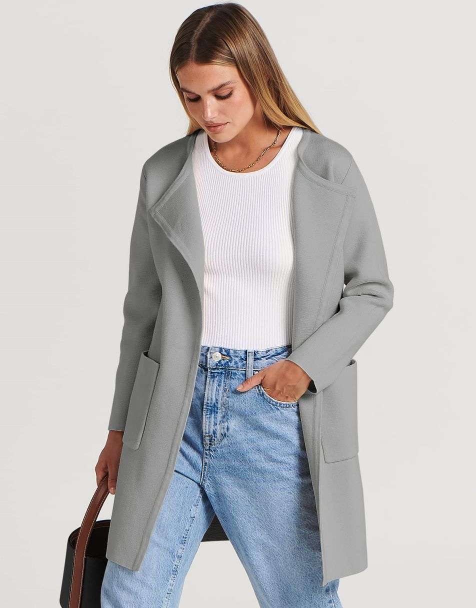 ANRABESS Damen Strickjacke mit offenem Vorderteil, Langarm, Revers, lässig, einfarbig, edel, Pullover-Jacke