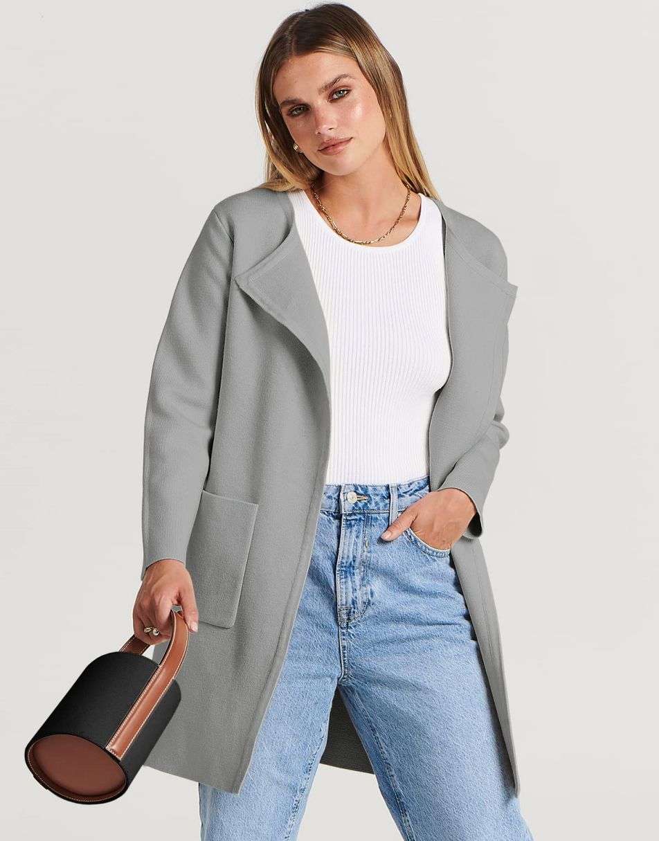 ANRABESS Damen Strickjacke mit offenem Vorderteil, Langarm, Revers, lässig, einfarbig, edel, Pullover-Jacke