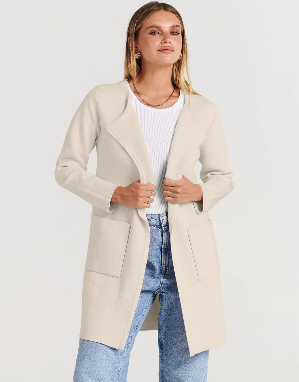 ANRABESS Damen Strickjacke mit offenem Vorderteil, Langarm, Revers, lässig, einfarbig, edel, Pullover-Jacke