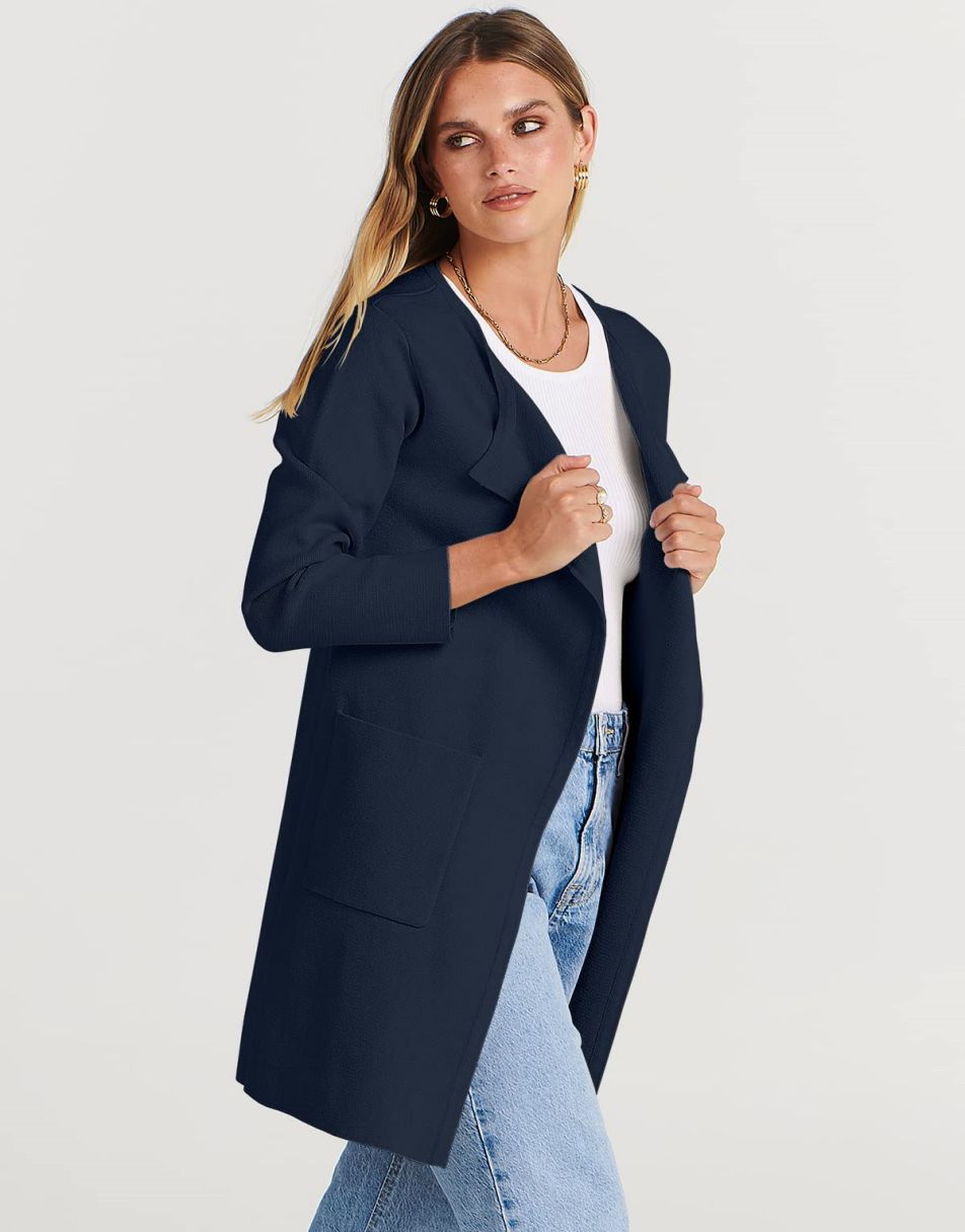 ANRABESS Damen Strickjacke mit offenem Vorderteil, Langarm, Revers, lässig, einfarbig, edel, Pullover-Jacke