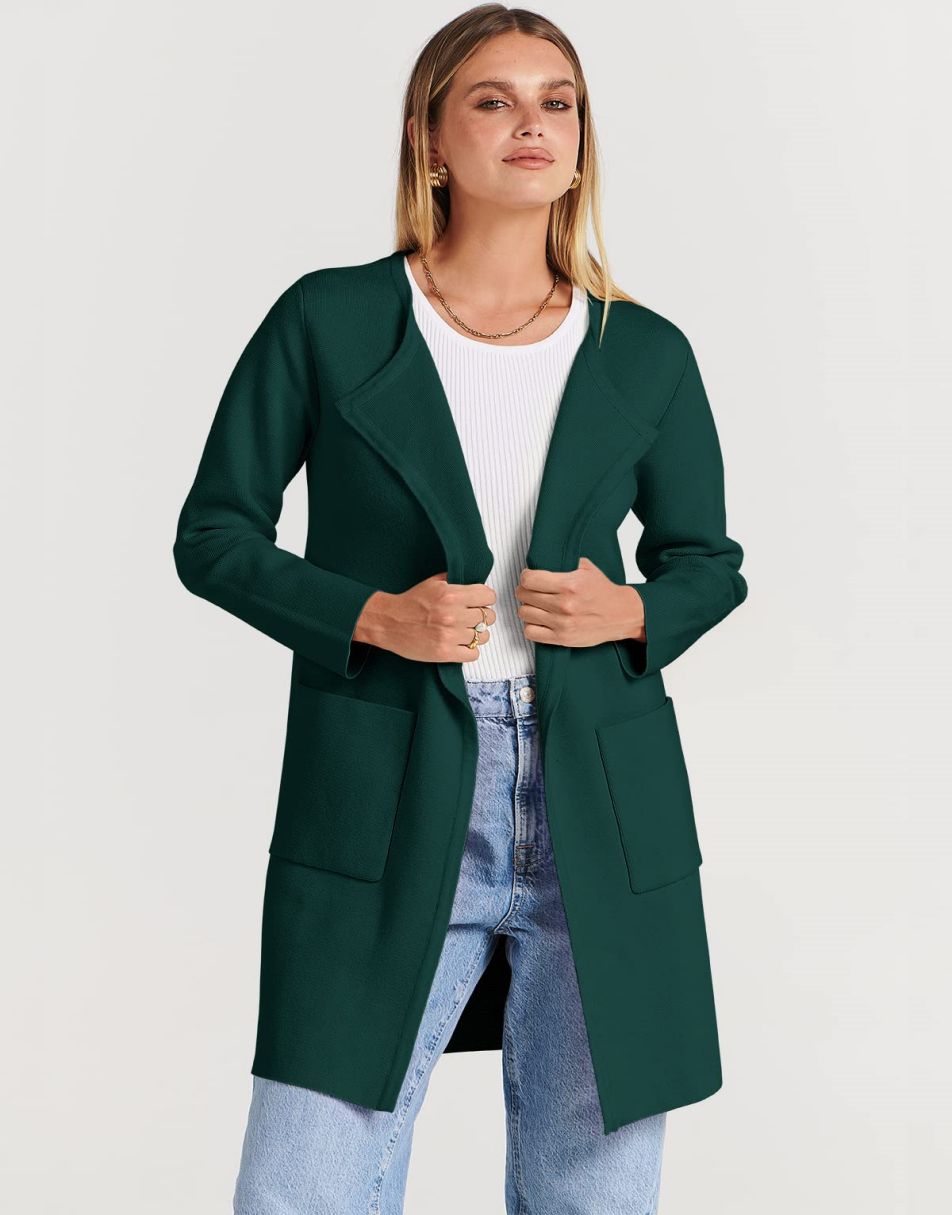 ANRABESS Damen Strickjacke mit offenem Vorderteil, Langarm, Revers, lässig, einfarbig, edel, Pullover-Jacke