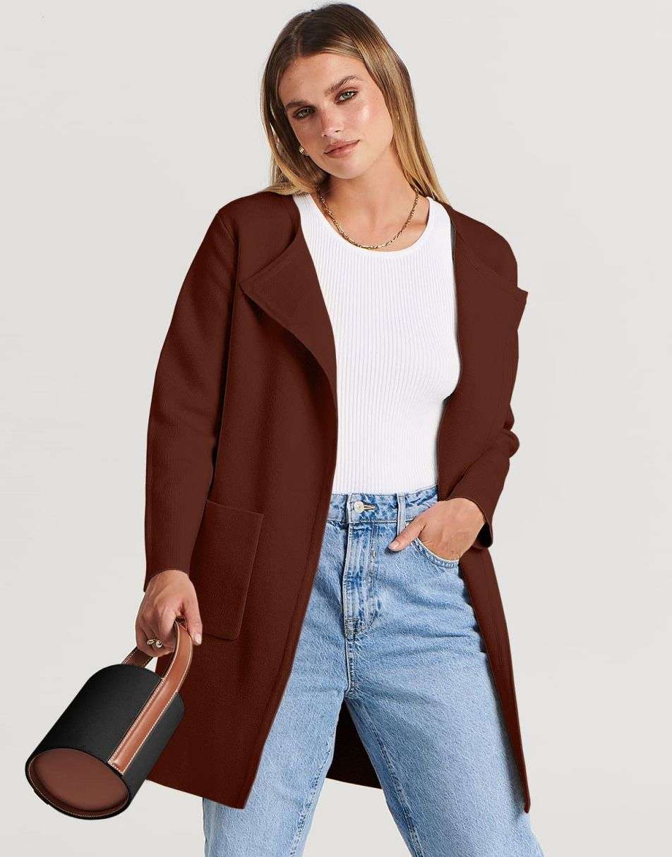 ANRABESS Damen Strickjacke mit offenem Vorderteil, Langarm, Revers, lässig, einfarbig, edel, Pullover-Jacke