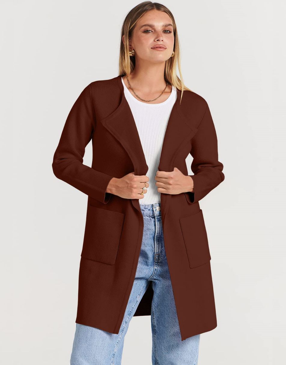 ANRABESS Damen Strickjacke mit offenem Vorderteil, Langarm, Revers, lässig, einfarbig, edel, Pullover-Jacke