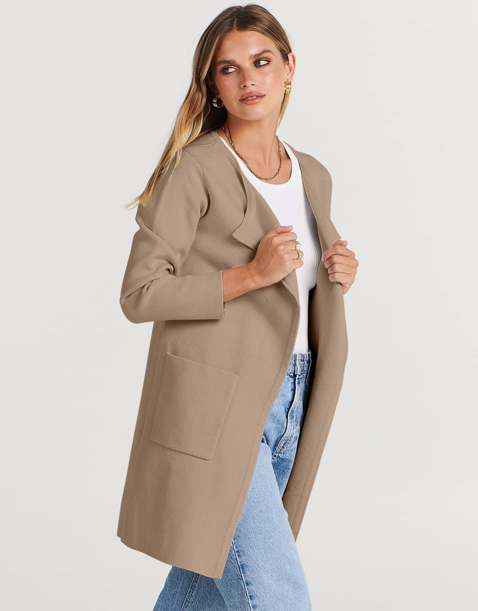ANRABESS Damen Strickjacke mit offenem Vorderteil, Langarm, Revers, lässig, einfarbig, edel, Pullover-Jacke