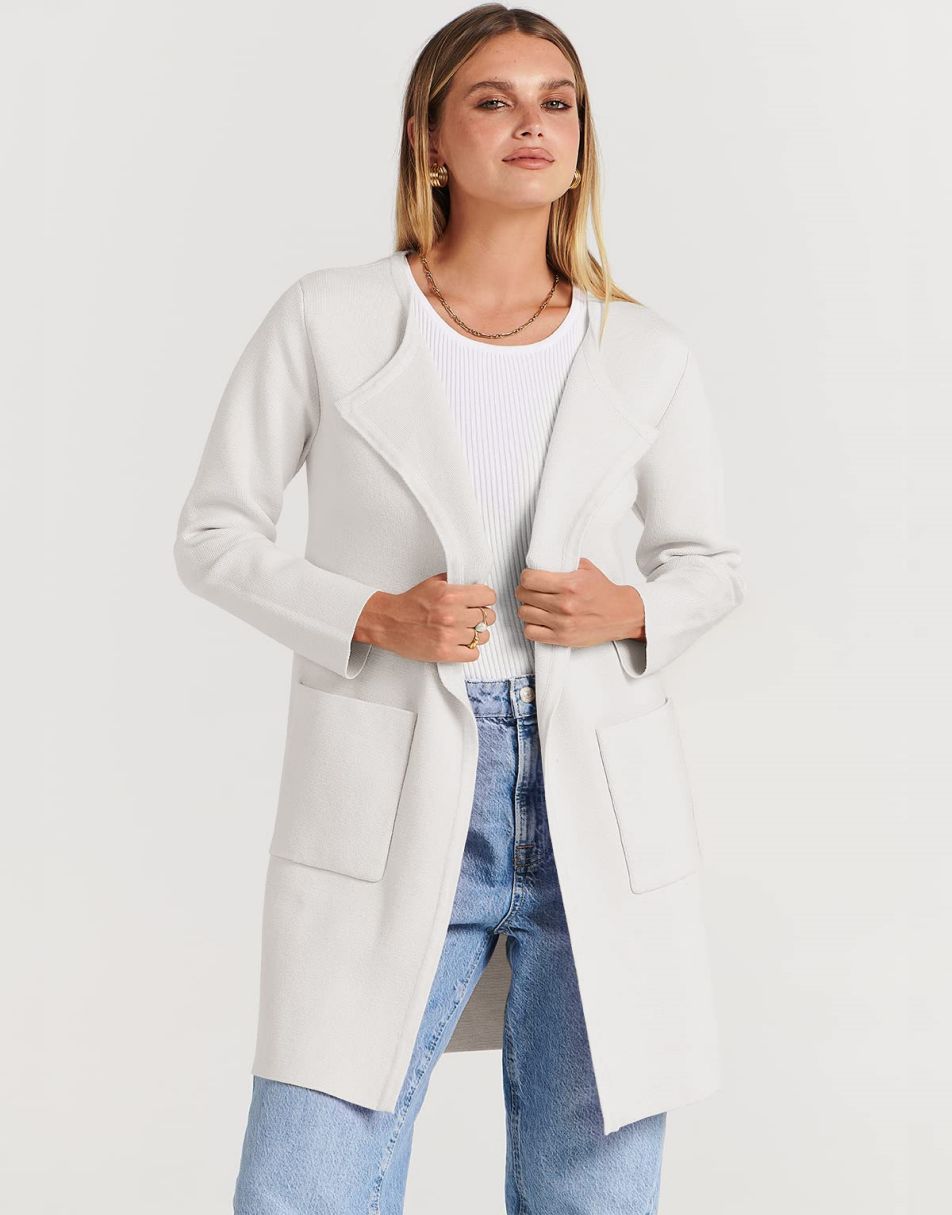 ANRABESS Damen Strickjacke mit offenem Vorderteil, Langarm, Revers, lässig, einfarbig, edel, Pullover-Jacke