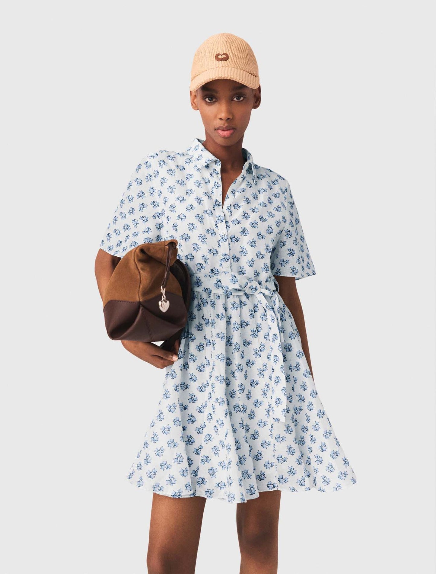 Short patterned linen-blend dress