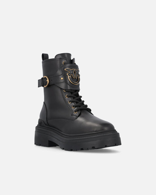 Leather combat boots with branded front strap