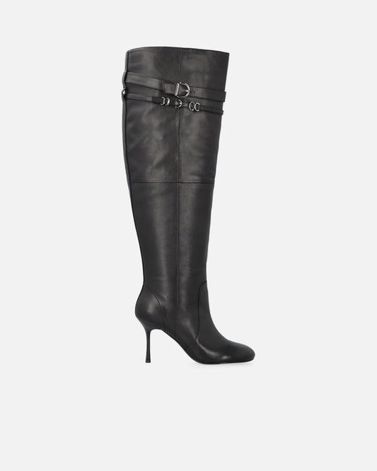 Knee-high nappa leather boots with heel and strap