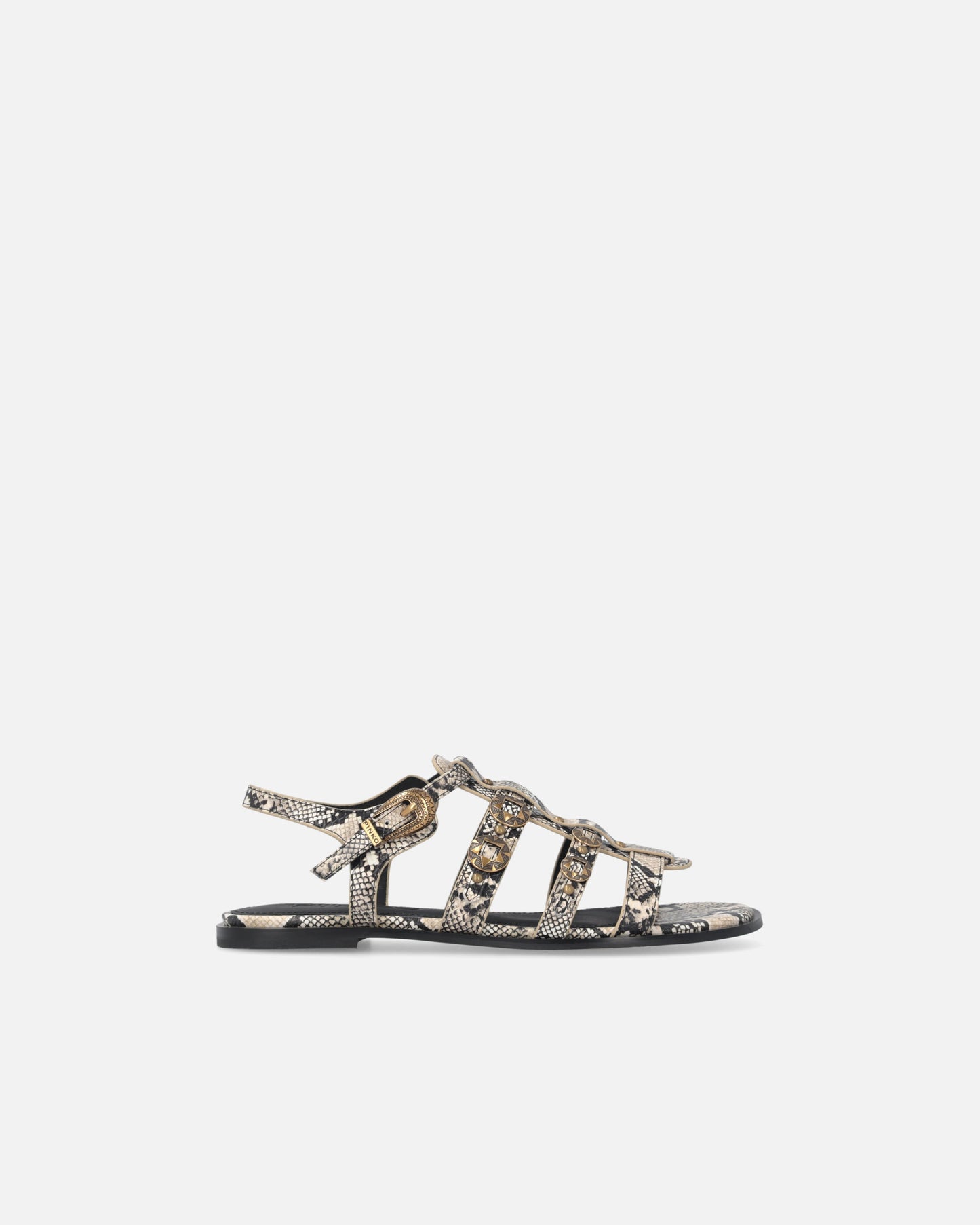 Flat leather sandals with python print and studs