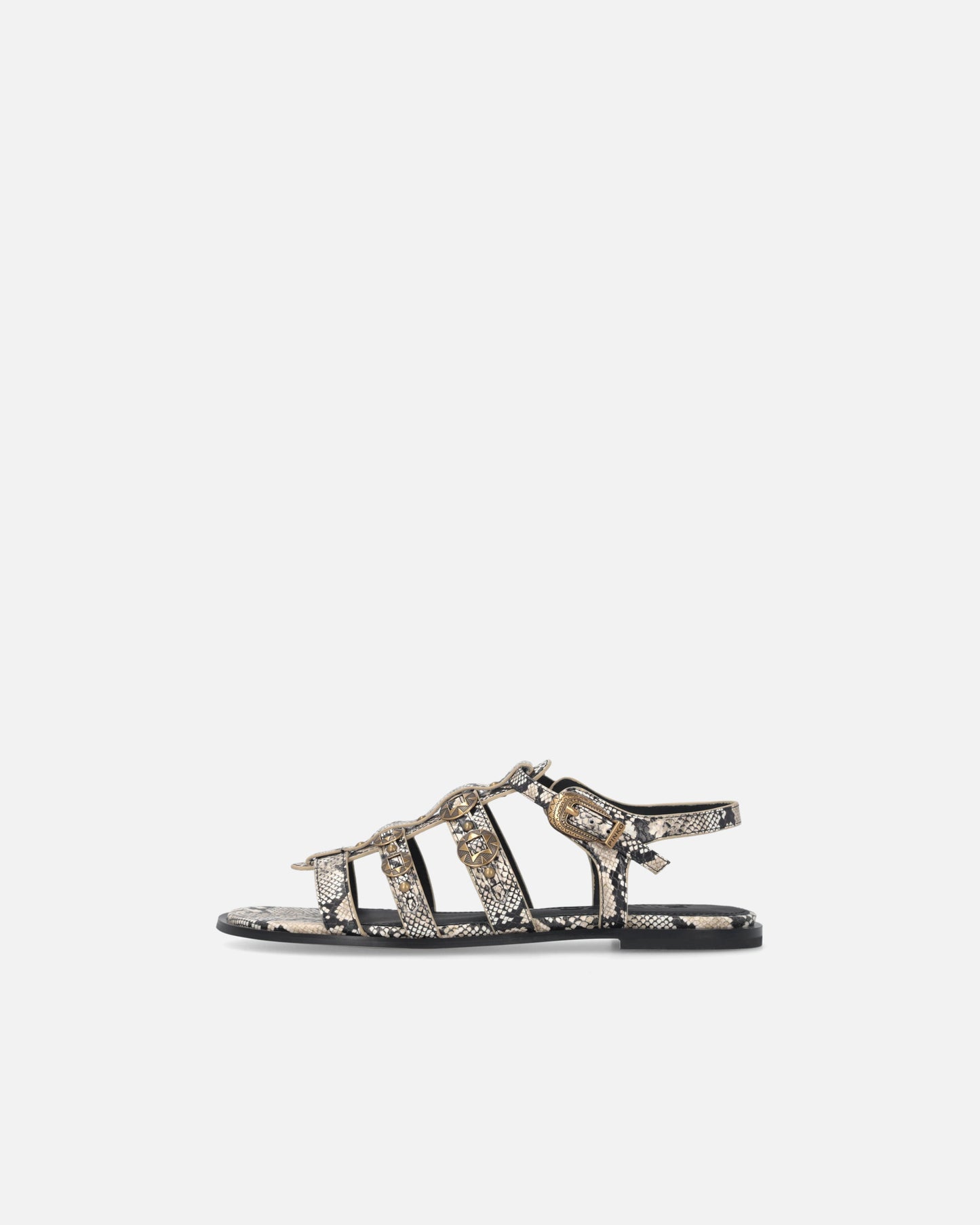 Flat leather sandals with python print and studs