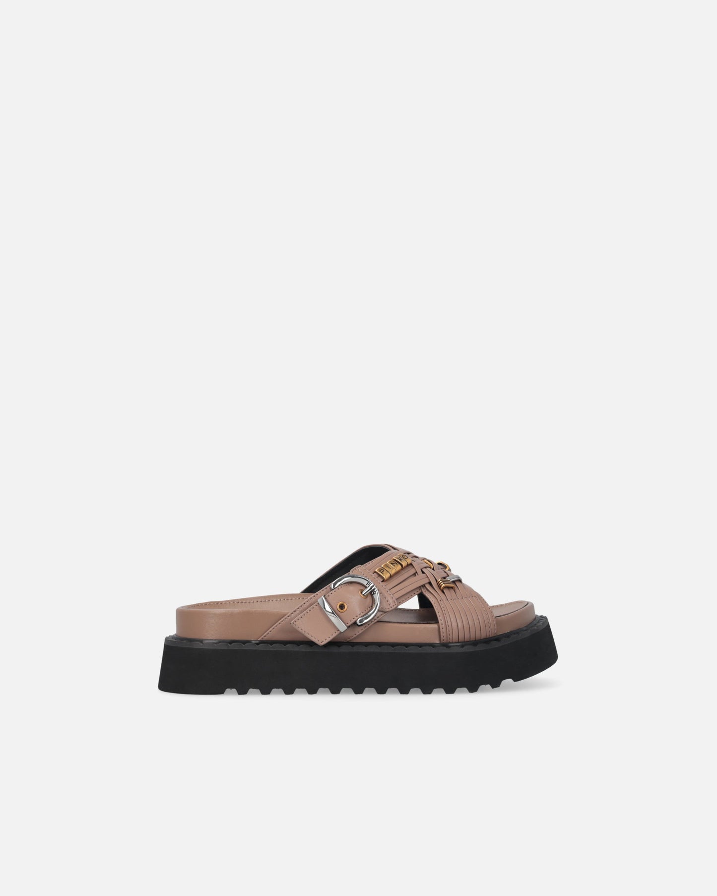 Woven nappa leather slip-on sandals with metallic rings