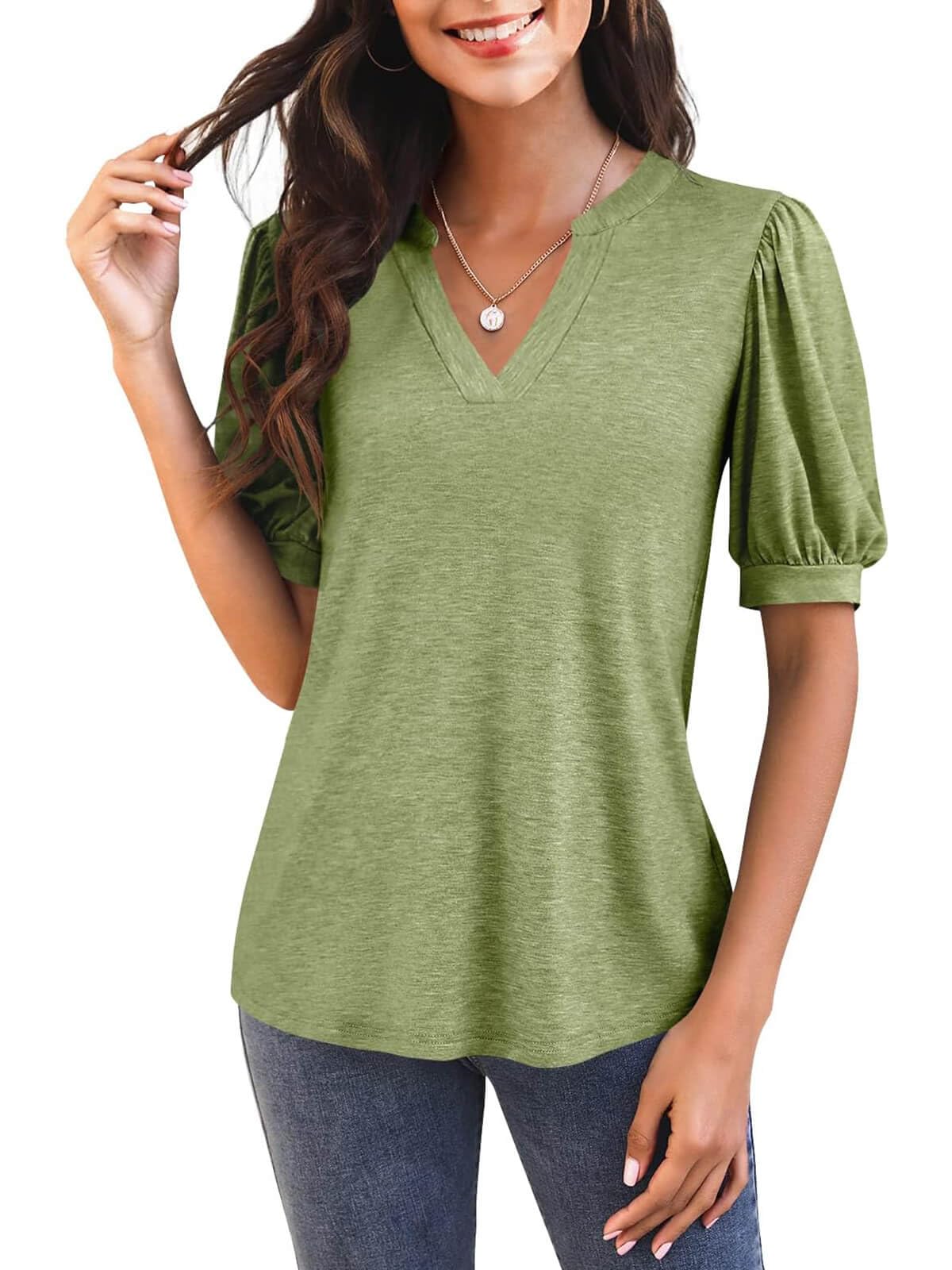 Damen V-Ausschnitt T-Shirt mit Puffärmeln (3 kaufen, gratis Versand)