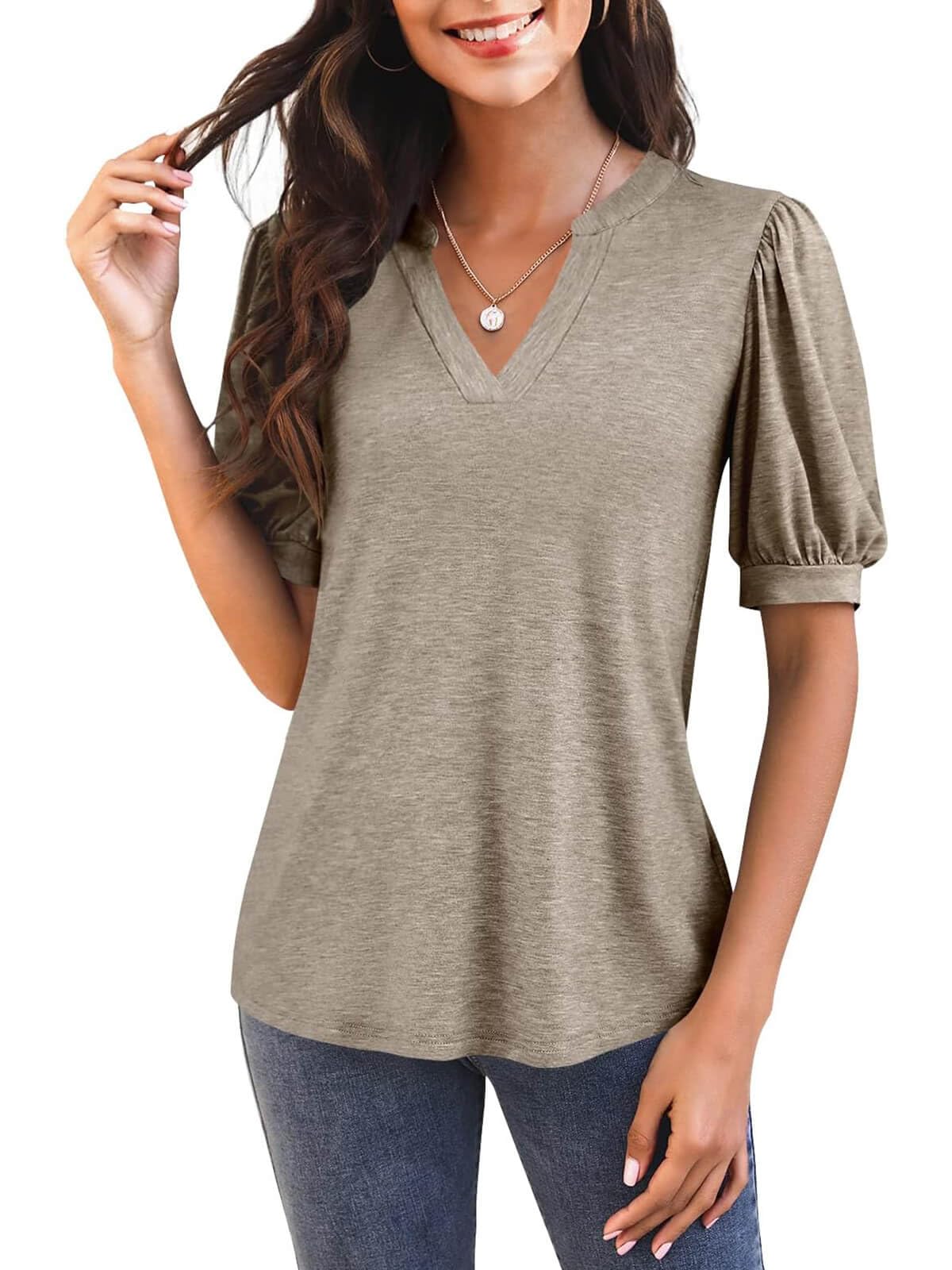 Damen V-Ausschnitt T-Shirt mit Puffärmeln (3 kaufen, gratis Versand)