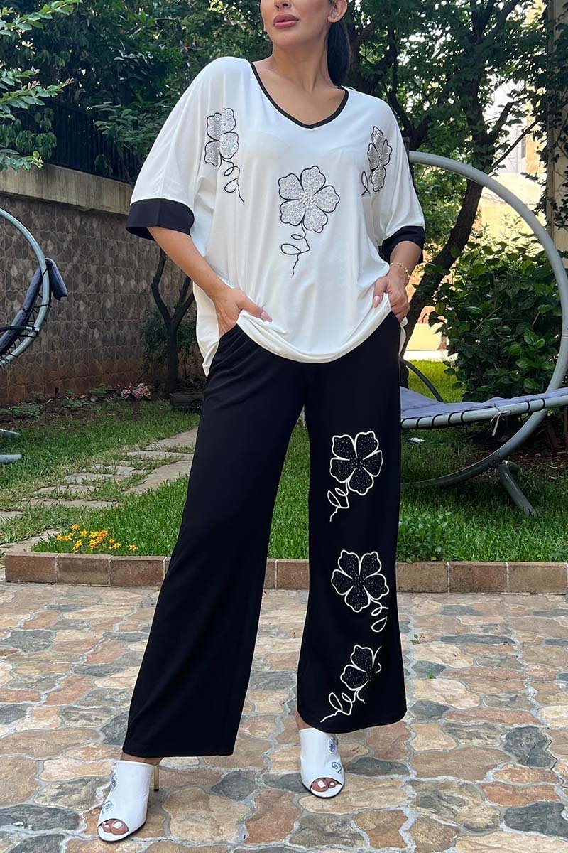 Freizeit-Zweiteiler für Damen mit Rautenmuster und bedruckter Hose