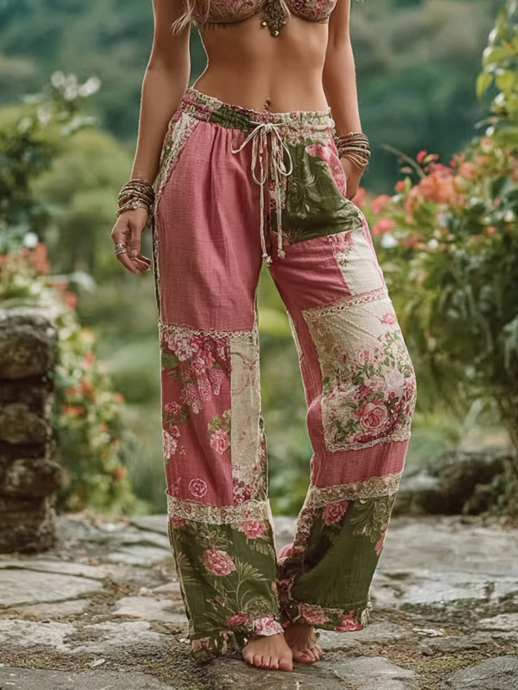Damen Retro-Freizeithose mit Blumen-Patchwork