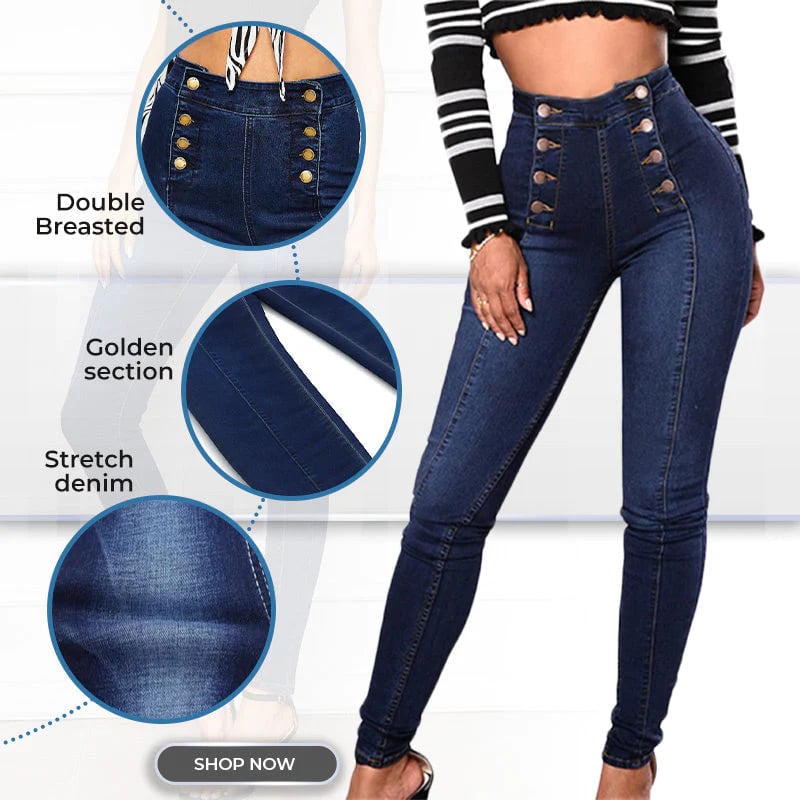 💥Zweireihige High Waist Skinny Jeans