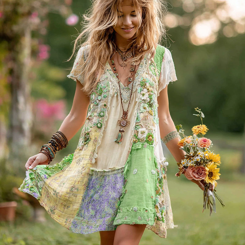 Damen Retro Blumen Patchwork Kurzarm Baumwoll-Leinen-Kleid