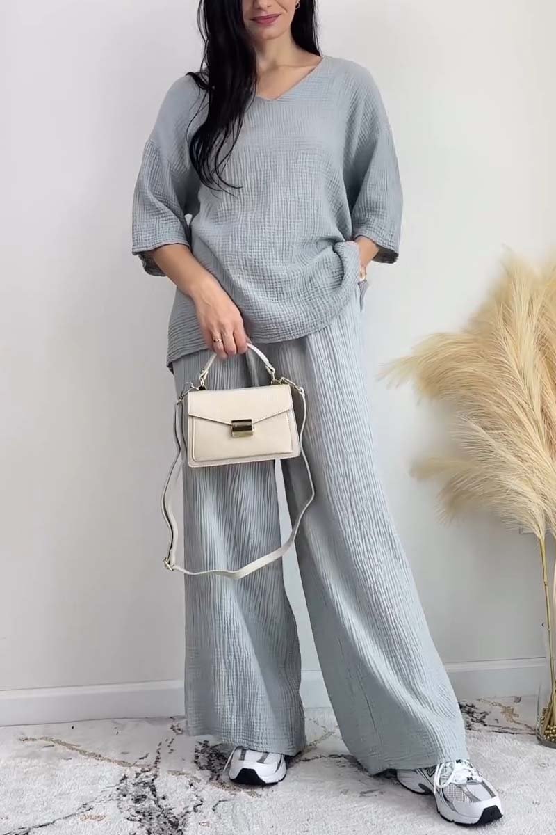 Damen Casual V-Ausschnitt Kurzarm Einfarbig Zweiteiler Set