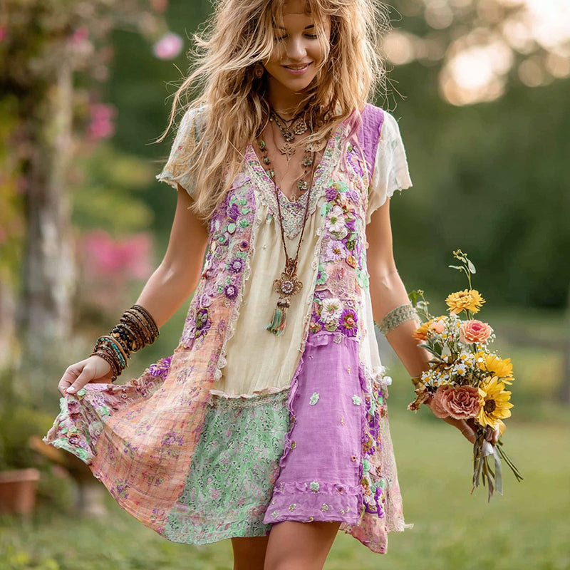 Damen Retro Blumen Patchwork Kurzarm Baumwoll-Leinen-Kleid