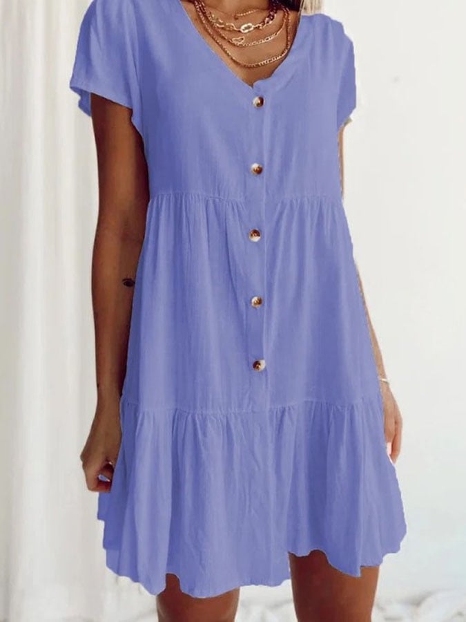 Damen Kurzarm Freizeit Einfarbig V-Ausschnitt Kleid