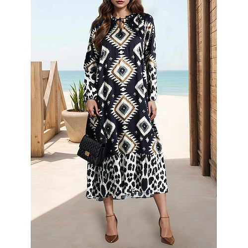 Damen Freizeitkleid Langarm Kleid im böhmischen Stil Langarm Blumenmuster Bindegürtel Frühling V-Ausschnitt