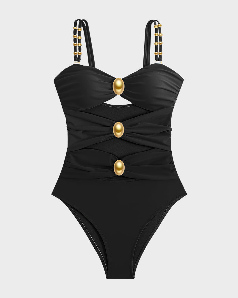 Badeanzug mit Goldperlen-Detail, Cut-Outs und Raffungen