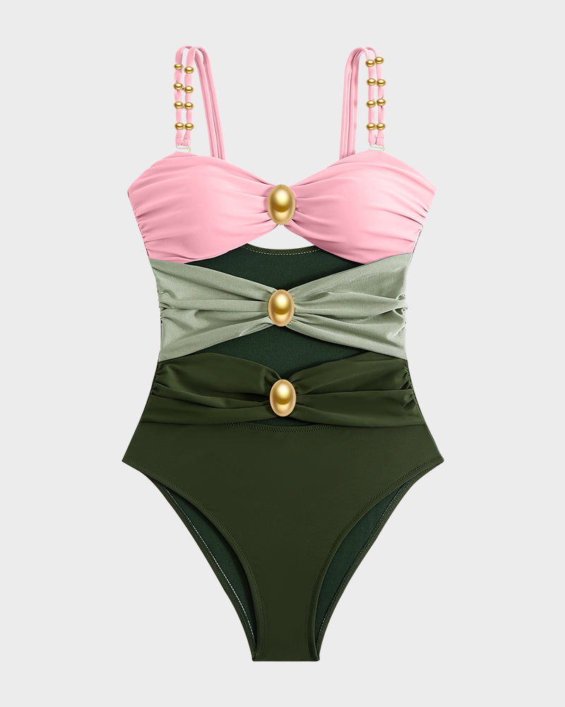 Badeanzug mit Goldperlen-Detail, Cut-Outs und Raffungen