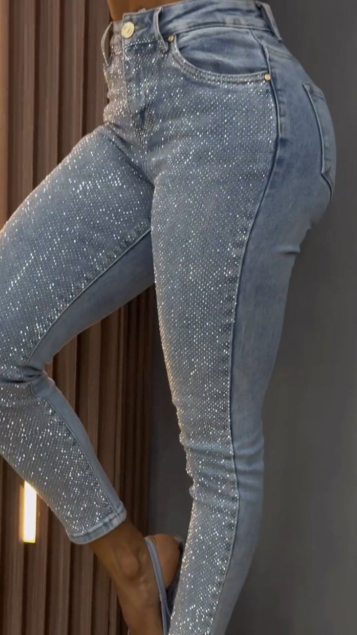 Damen einseitig elastische Jeans mit Strass, schmale Passform, lässig