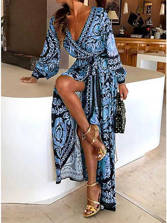 Damen Freizeitkleid Langarm Kleid im böhmischen Stil Langarm Blumenmuster Bindegürtel Frühling V-Ausschnitt
