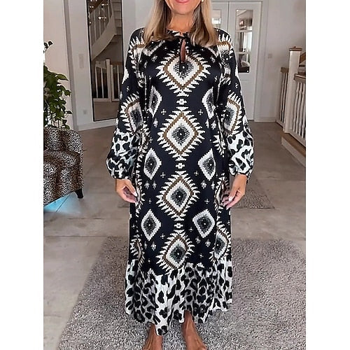Damen Freizeitkleid Langarm Kleid im böhmischen Stil Langarm Blumenmuster Bindegürtel Frühling V-Ausschnitt